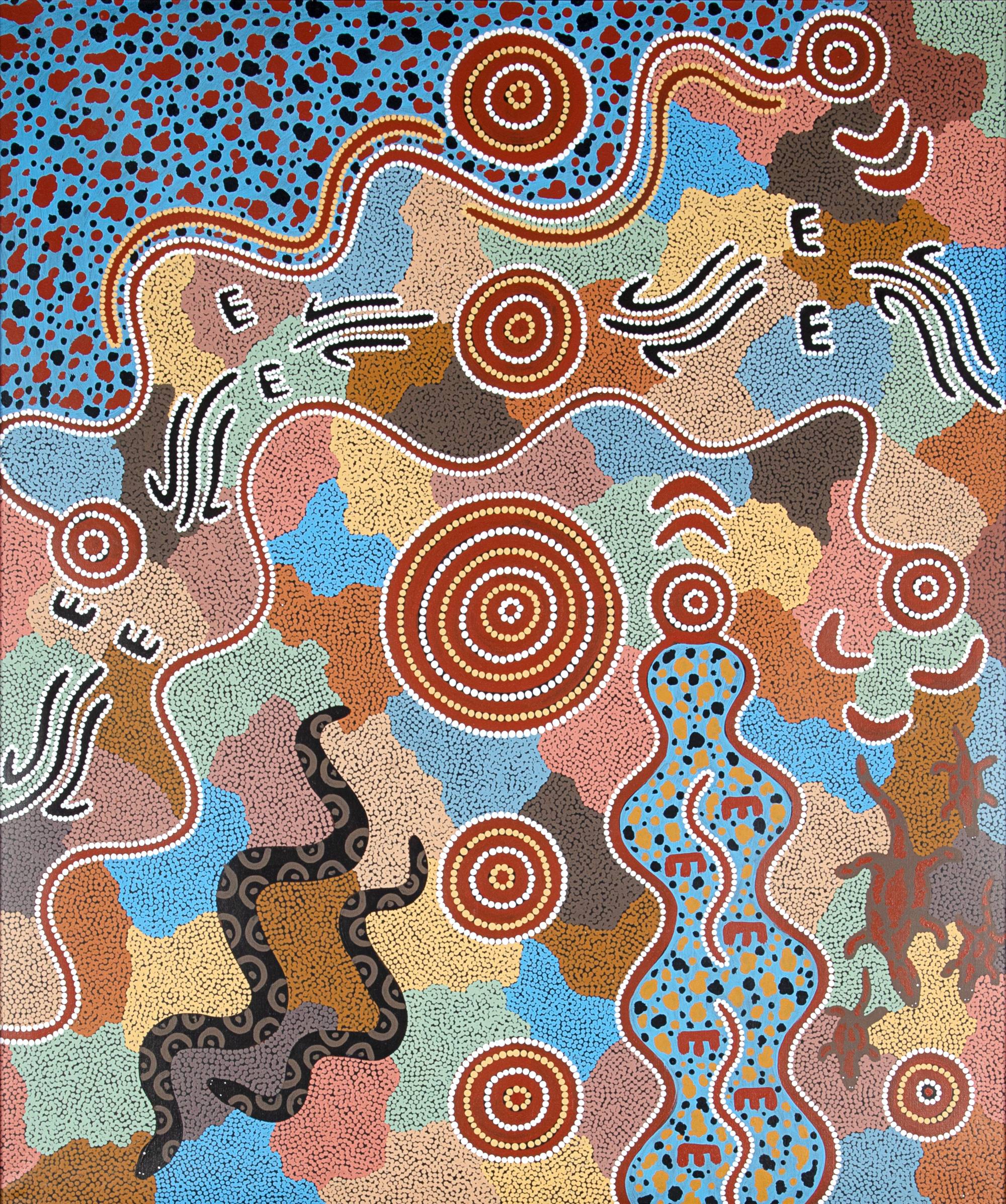 Colorful abstract painting made up almost entirely with dots with shapes that look like lizards, snakes, boomerangs and concentric circles.